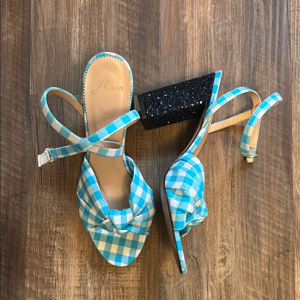 J. Crew Turquoise Gingham Sandals with Navy Glitter Heel